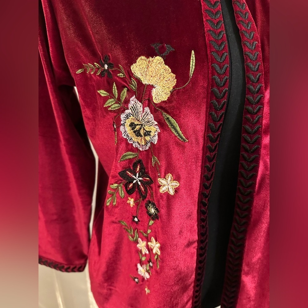 Parory Red Velvet Embroidered Open Front Cardigan Jacket Size 10 M Floral - Picture 2 of 13